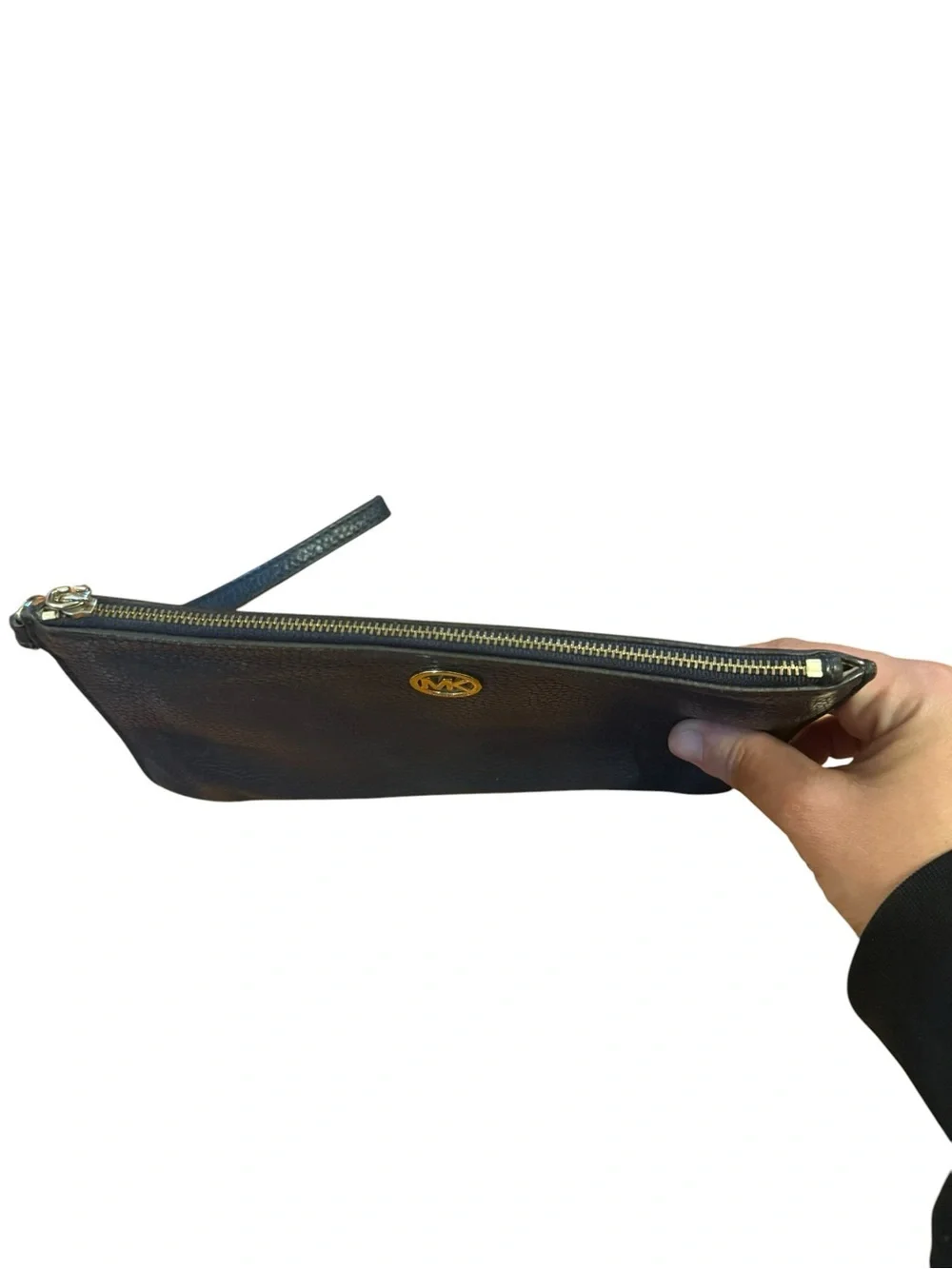 Michael Kors Navy Pebbled Leather Wristlet with Gold MK Emblem